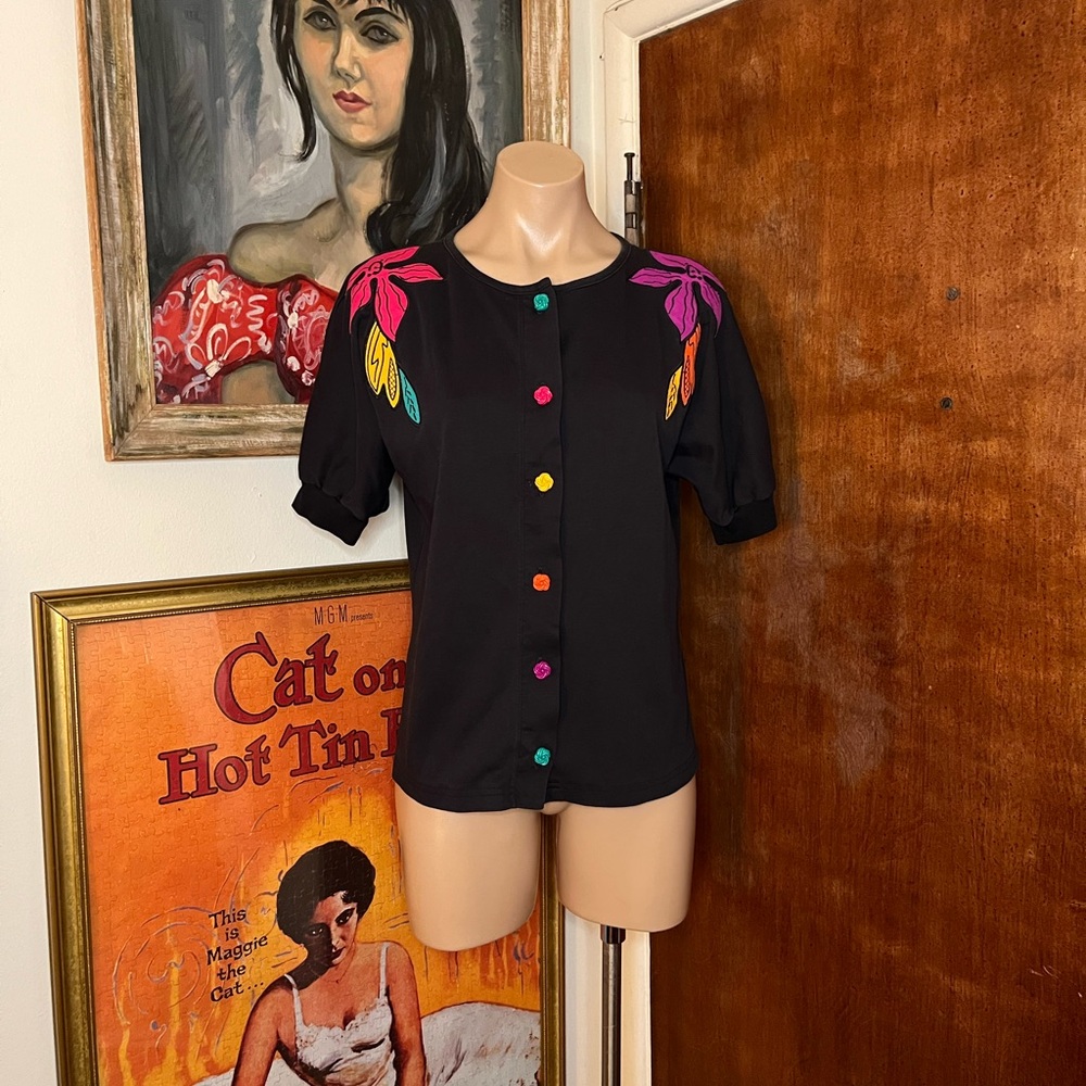 Vintage Aileen USA Black Leaf  Embroidered Button Shirt 80s 90s Cotton Top S